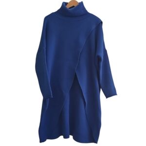 Cobalt Blue Oversized Turtleneck Sweater Sz 2x Asymmetrical Knit Minimalist